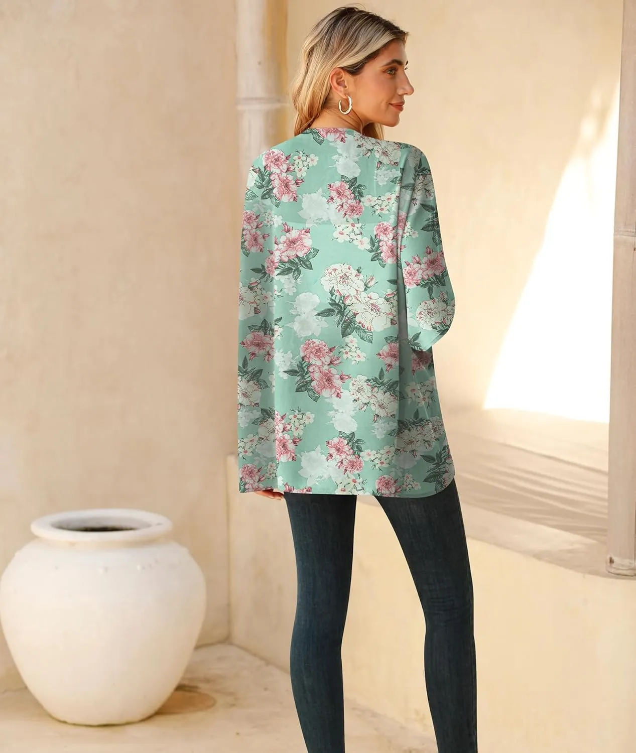 LILBETTER Women Lightweight Chiffon Cardigan Puff Sleeve Loose Beach Wear Cover Up Blouse Top