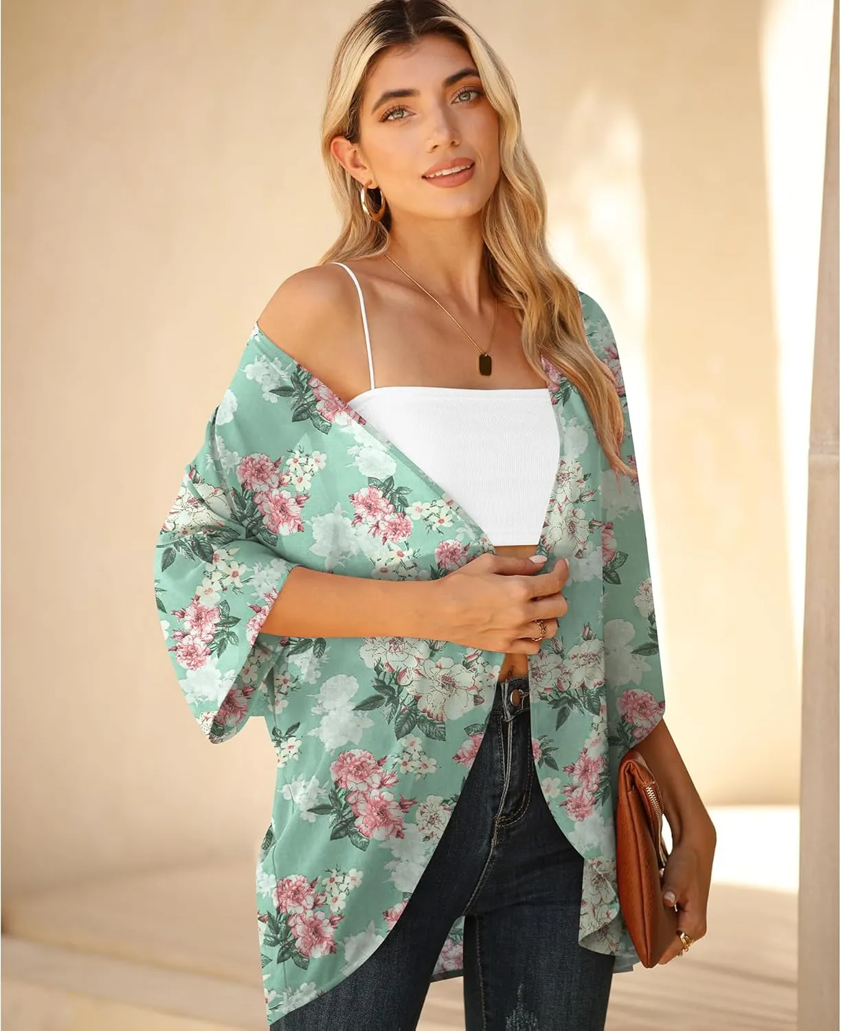 LILBETTER Women Lightweight Chiffon Cardigan Puff Sleeve Loose Beach Wear Cover Up Blouse Top