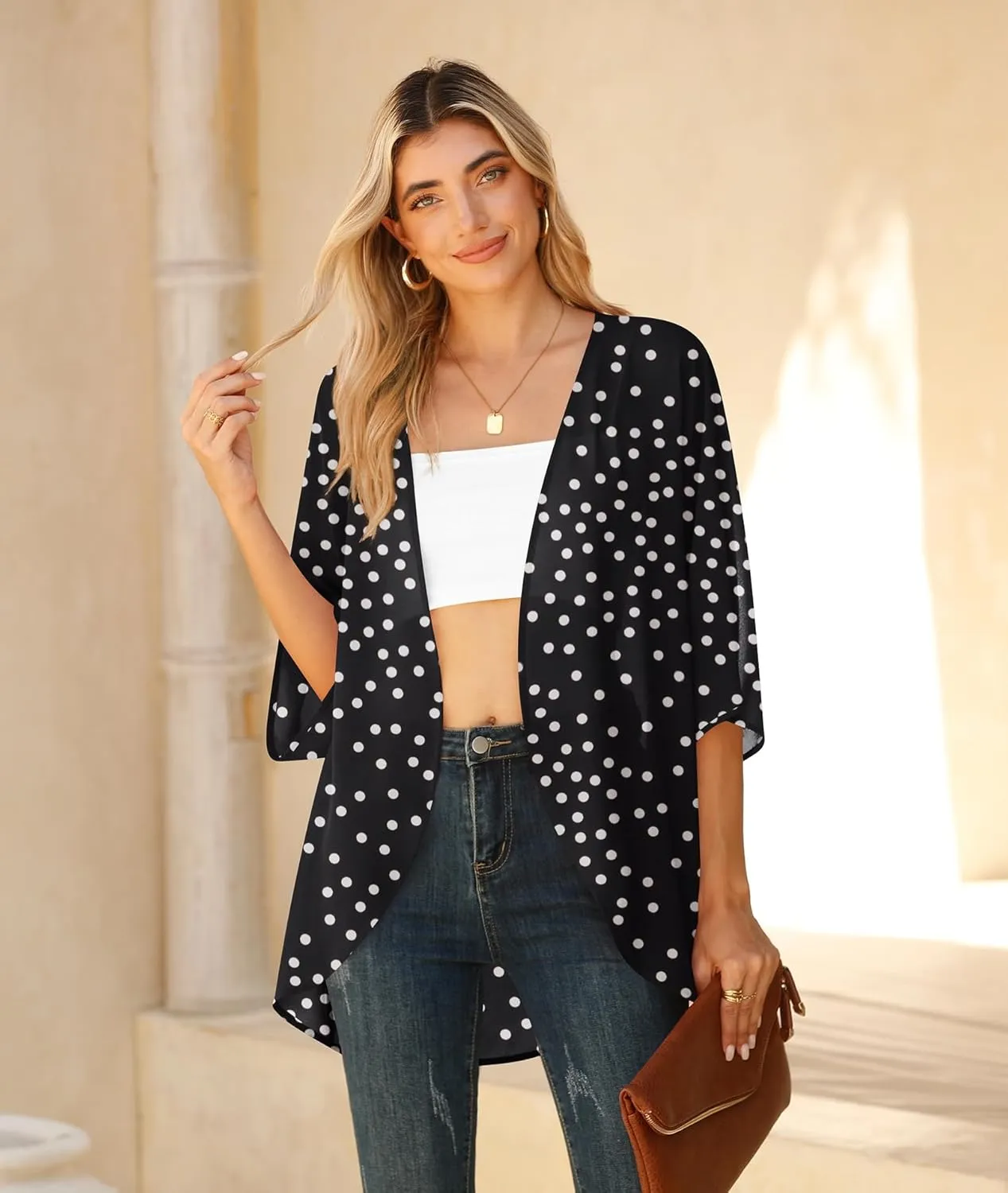 LILBETTER Women Lightweight Chiffon Cardigan Puff Sleeve Loose Beach Wear Cover Up Blouse Top