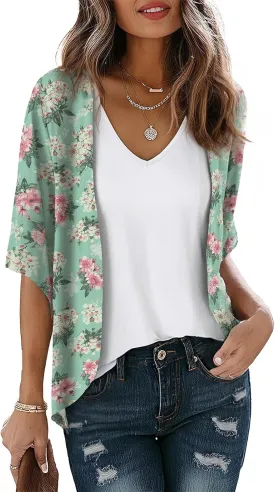 LILBETTER Women Lightweight Chiffon Cardigan Puff Sleeve Loose Beach Wear Cover Up Blouse Top