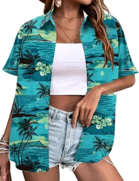 LOMON Women's Summer Hawaiian Shirts Floral Short Sleeve Button Down Shirts Hawaii Tropical Beach Tops Outfits