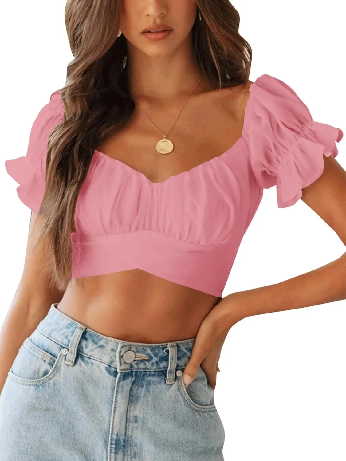 LYANER Women's Ruffle Short Sleeve Tie Up Back Crop Top Off Shoulder Bardot Blouse