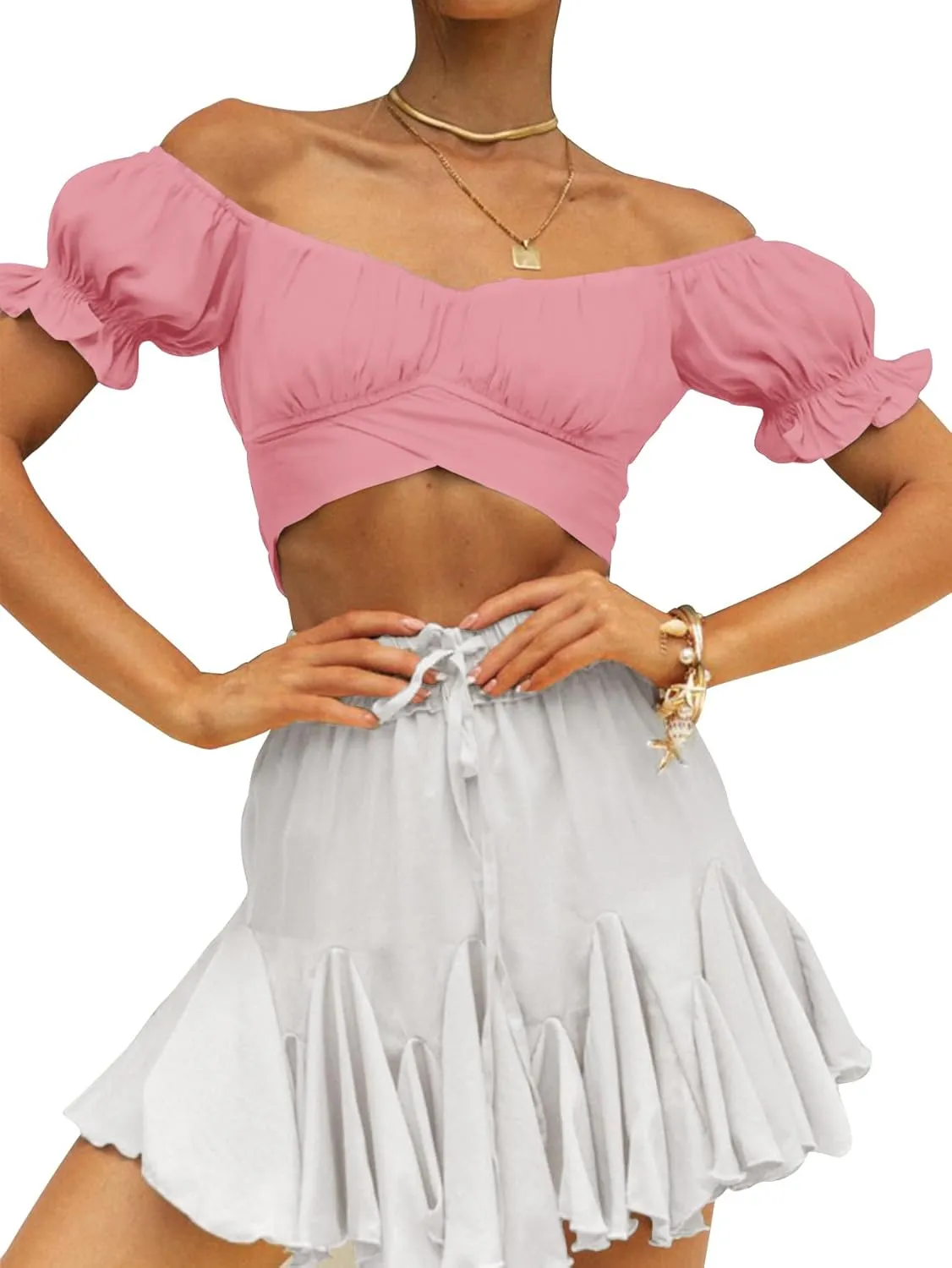 LYANER Women's Ruffle Short Sleeve Tie Up Back Crop Top Off Shoulder Bardot Blouse