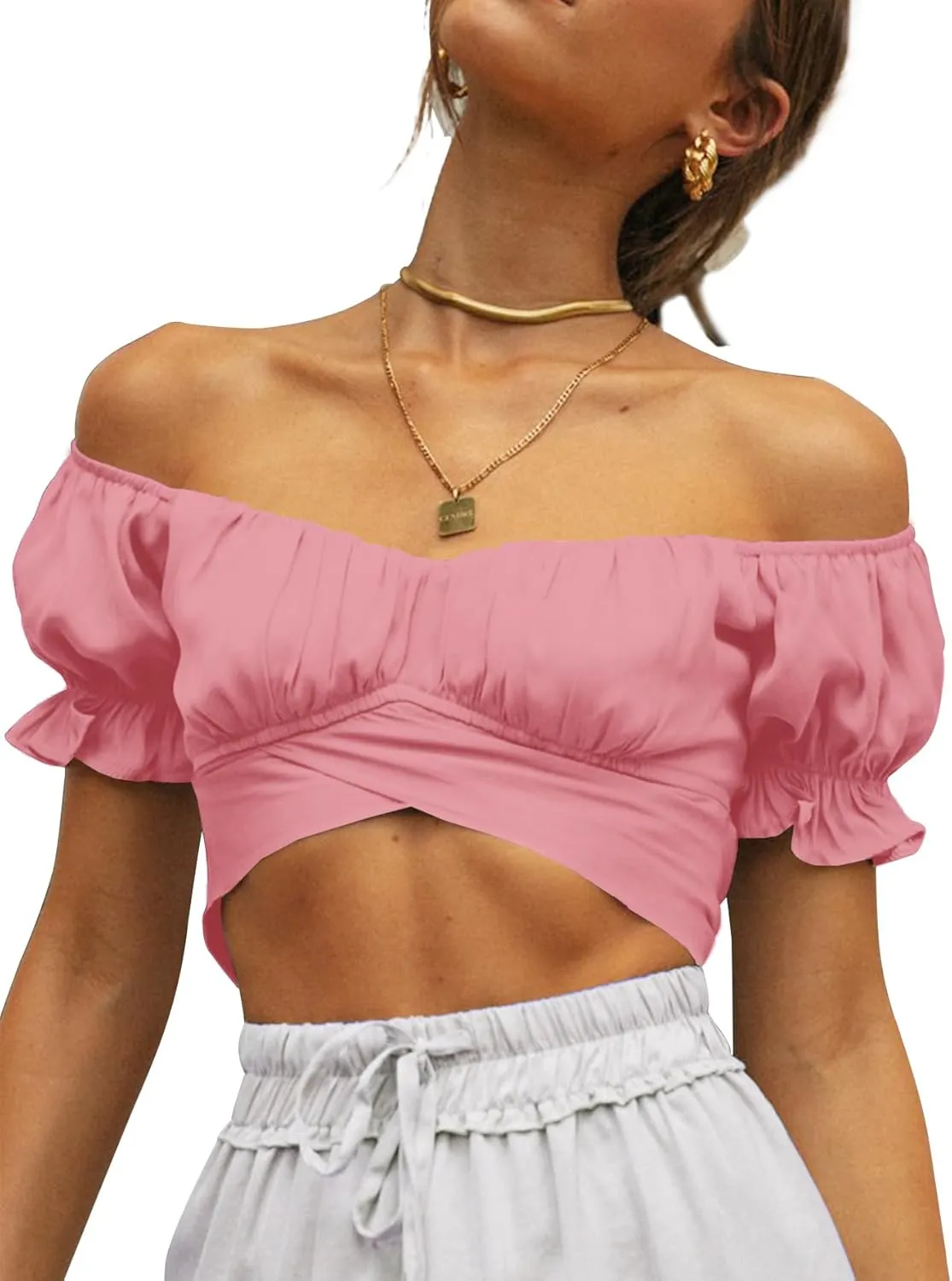 LYANER Women's Ruffle Short Sleeve Tie Up Back Crop Top Off Shoulder Bardot Blouse
