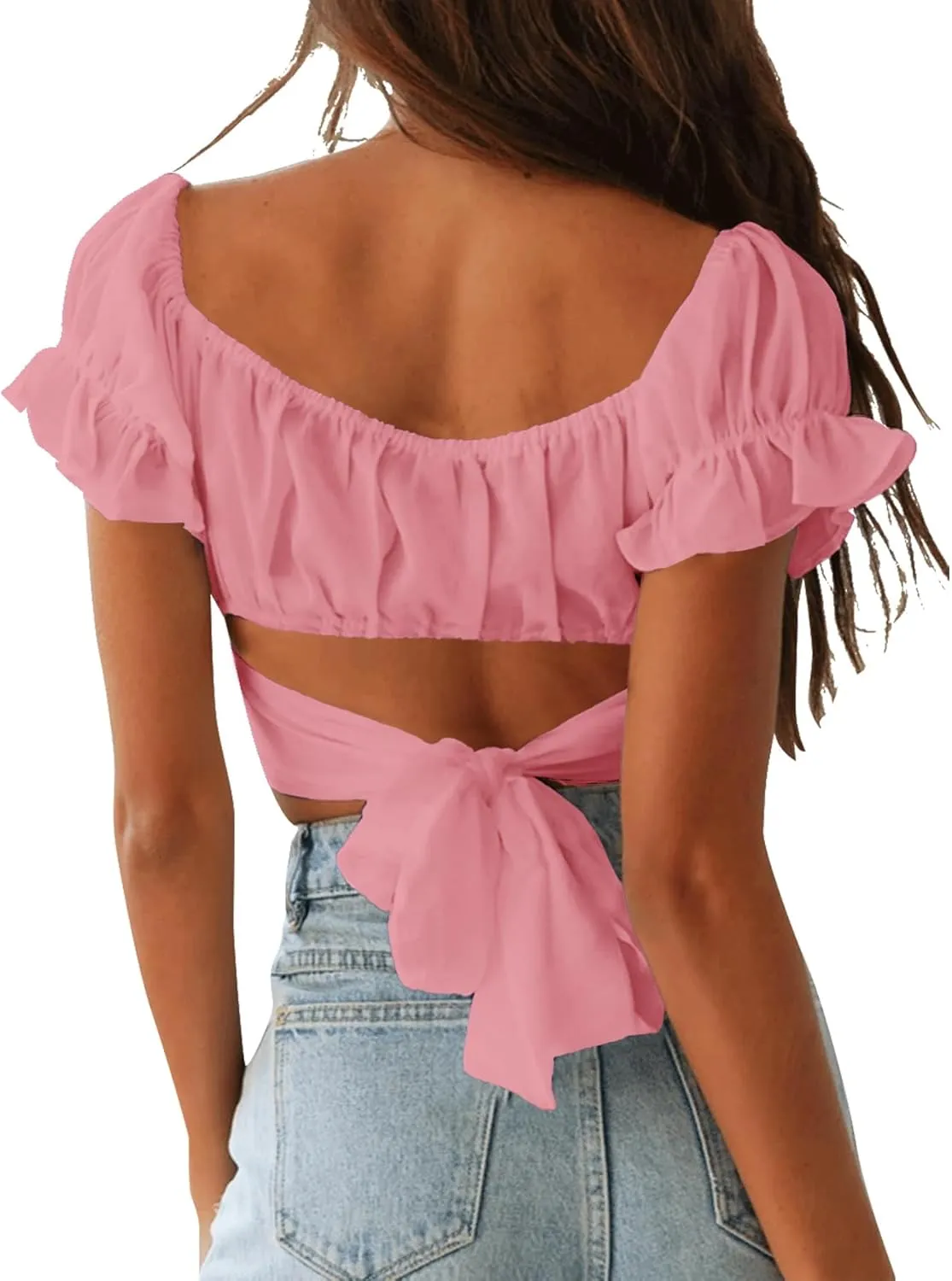 LYANER Women's Ruffle Short Sleeve Tie Up Back Crop Top Off Shoulder Bardot Blouse