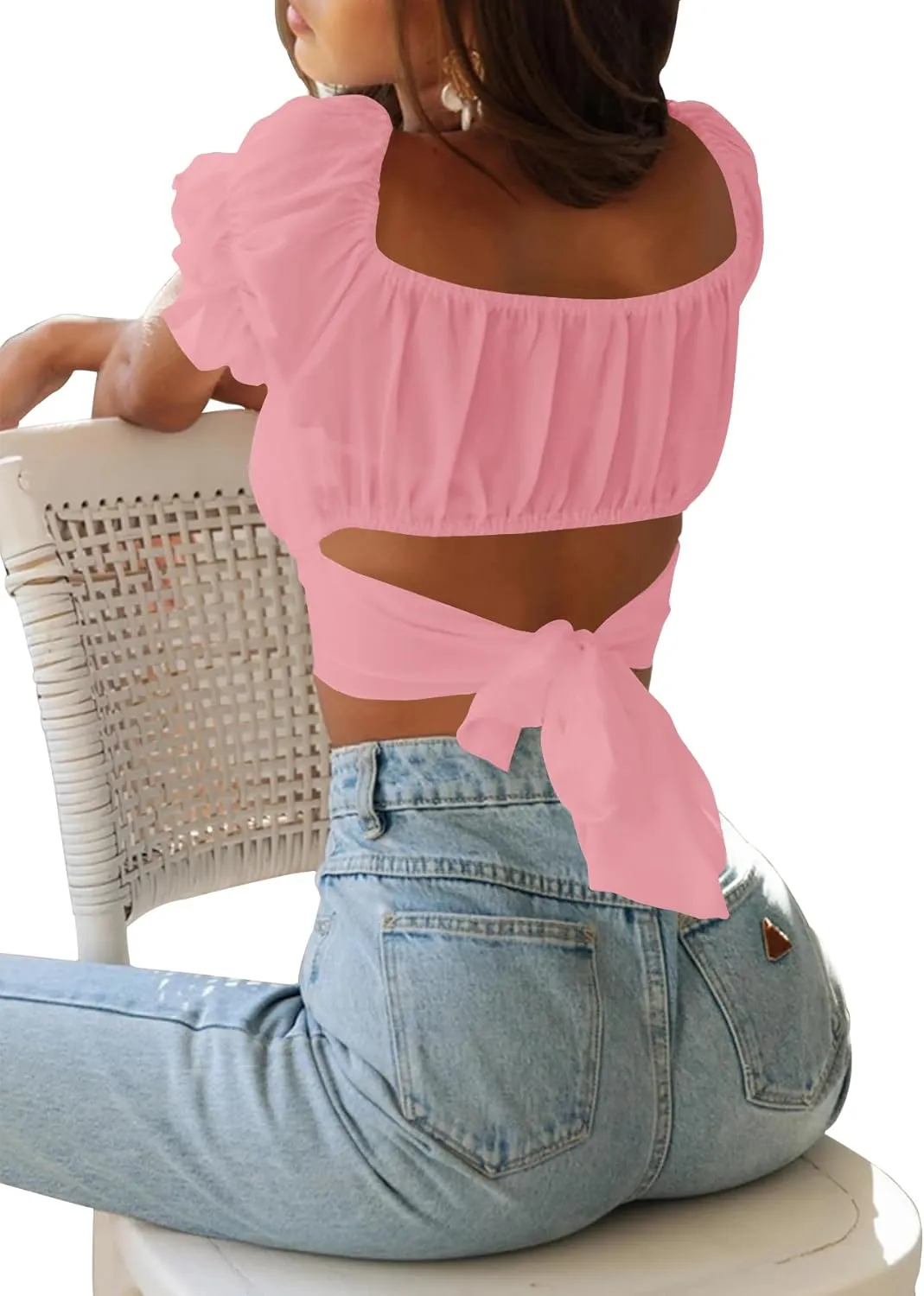 LYANER Women's Ruffle Short Sleeve Tie Up Back Crop Top Off Shoulder Bardot Blouse