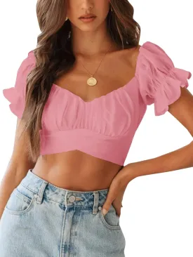 LYANER Women's Ruffle Short Sleeve Tie Up Back Crop Top Off Shoulder Bardot Blouse