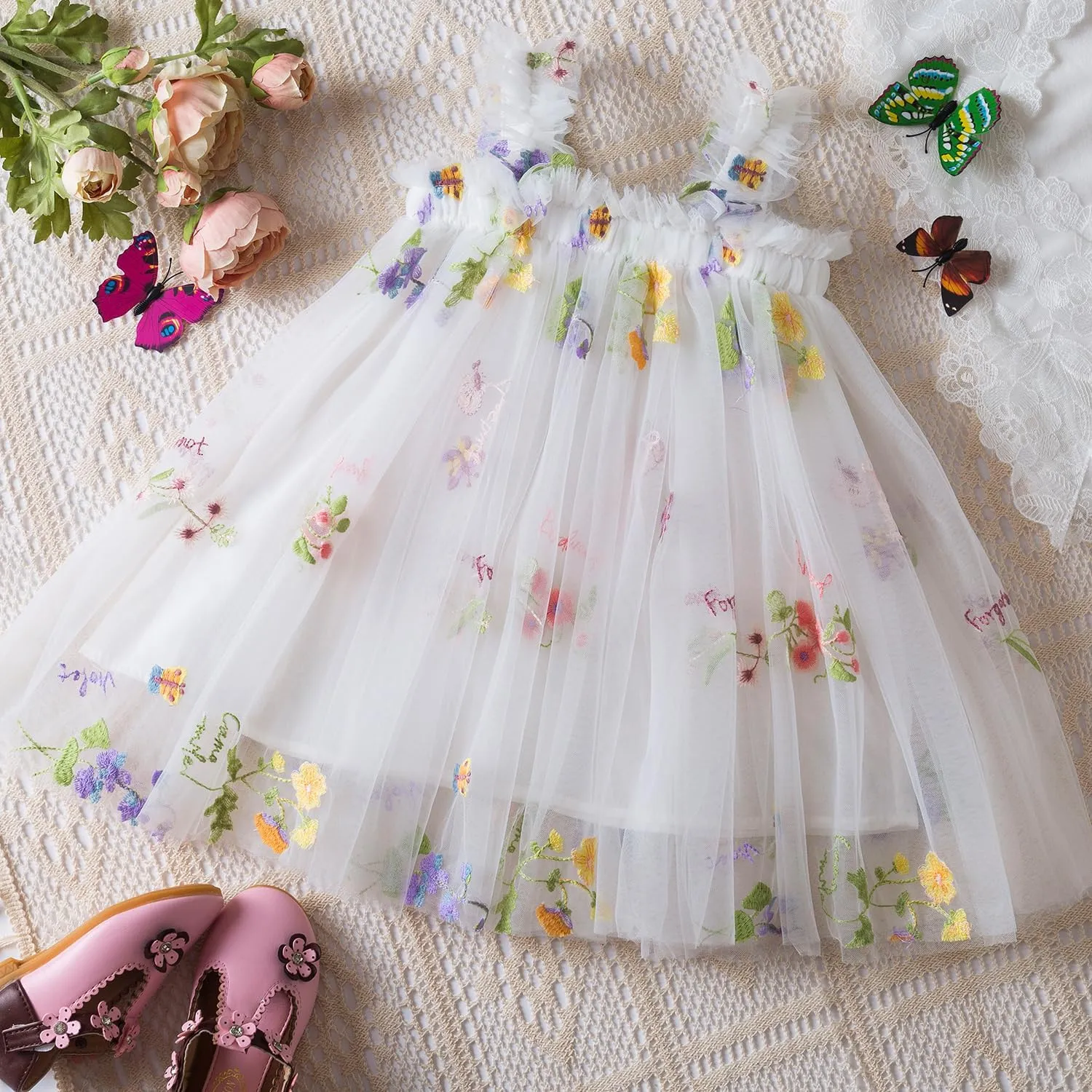 NNJXD Baby Girl Tulle Dress Casual Flower Embroidery Toddler Dresses