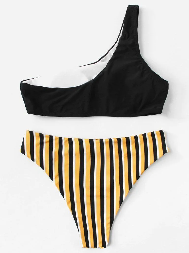 One Shoulder Striped Bikini Set