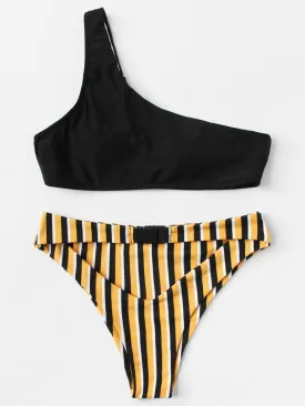 One Shoulder Striped Bikini Set