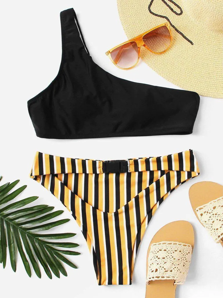 One Shoulder Striped Bikini Set
