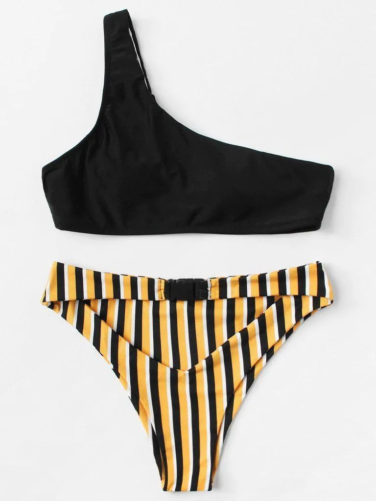 One Shoulder Striped Bikini Set