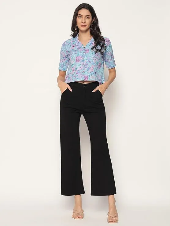 PIDAVLIYA'S Women's Kalamkari Printed Cuban Collar Cotton Printed Crop Shirt Top, Tunics with Short Sleeves