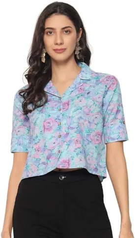 PIDAVLIYA'S Women's Kalamkari Printed Cuban Collar Cotton Printed Crop Shirt Top, Tunics with Short Sleeves
