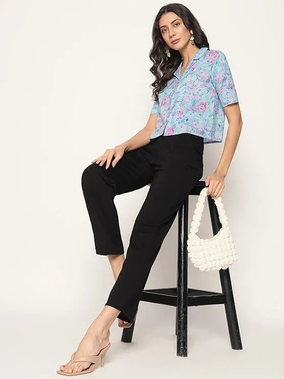 PIDAVLIYA'S Women's Kalamkari Printed Cuban Collar Cotton Printed Crop Shirt Top, Tunics with Short Sleeves