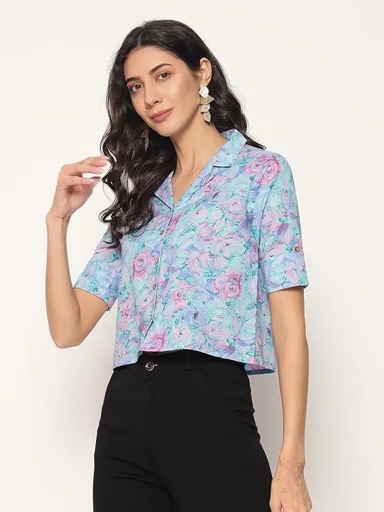 PIDAVLIYA'S Women's Kalamkari Printed Cuban Collar Cotton Printed Crop Shirt Top, Tunics with Short Sleeves