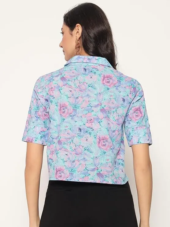 PIDAVLIYA'S Women's Kalamkari Printed Cuban Collar Cotton Printed Crop Shirt Top, Tunics with Short Sleeves