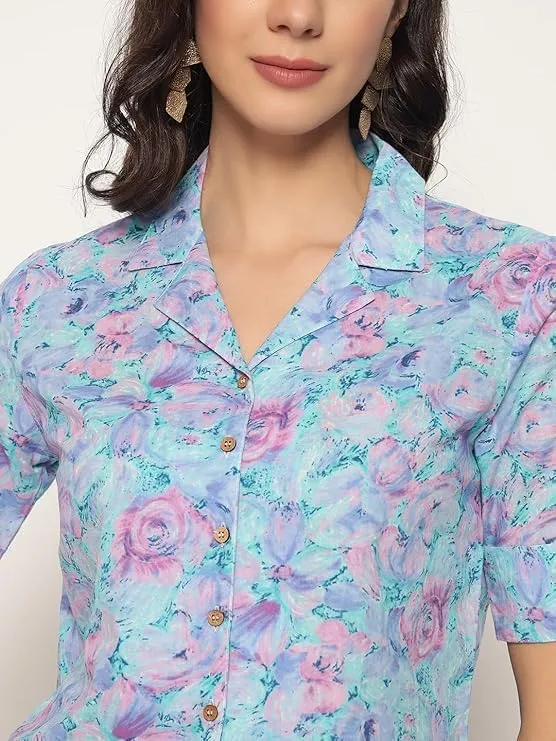 PIDAVLIYA'S Women's Kalamkari Printed Cuban Collar Cotton Printed Crop Shirt Top, Tunics with Short Sleeves
