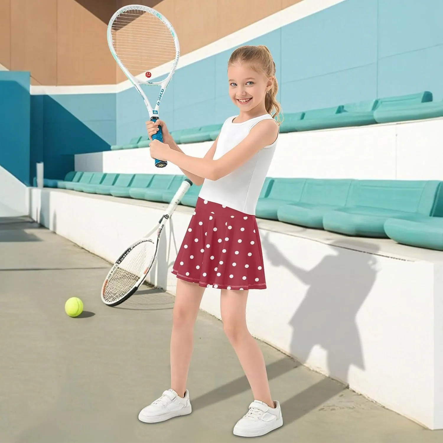 Red Polka Dot Teen Girls Lightweight Tennis Golf Skirts with Spandex Liner, Easy to Move Golf Skorts for Running Yoga Age 3-4