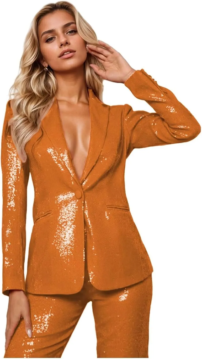 Sequin Womens Suit 2 Piece Set Dressy Sexy V Neck Wedding Tuxedos Glitter Sparkly Blazer Pants Prom Party Outfit
