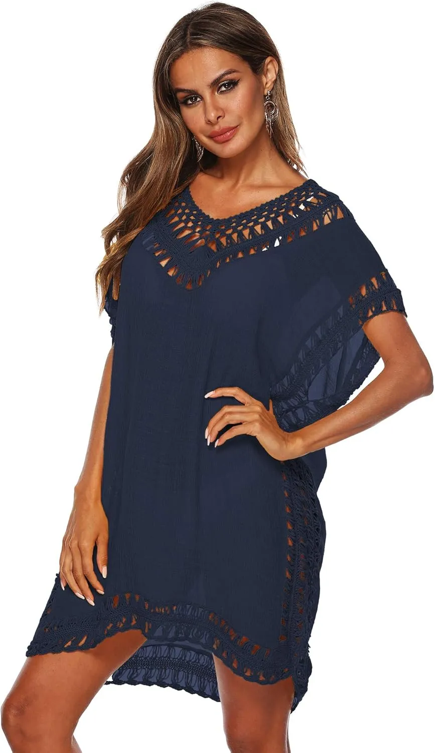 SIAEAMRG Swimsuit Cover Ups for Women, V Neck Hollow Out Swim Coverup Crochet Chiffon Summer Beach Cover Up Dress