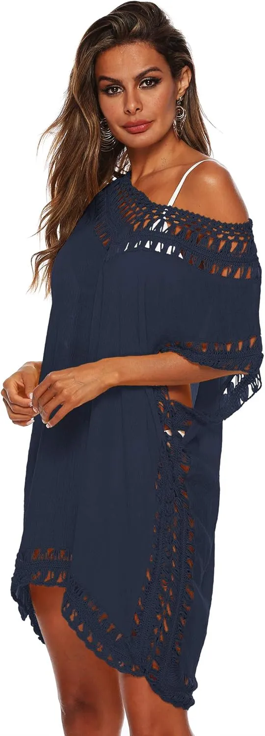 SIAEAMRG Swimsuit Cover Ups for Women, V Neck Hollow Out Swim Coverup Crochet Chiffon Summer Beach Cover Up Dress