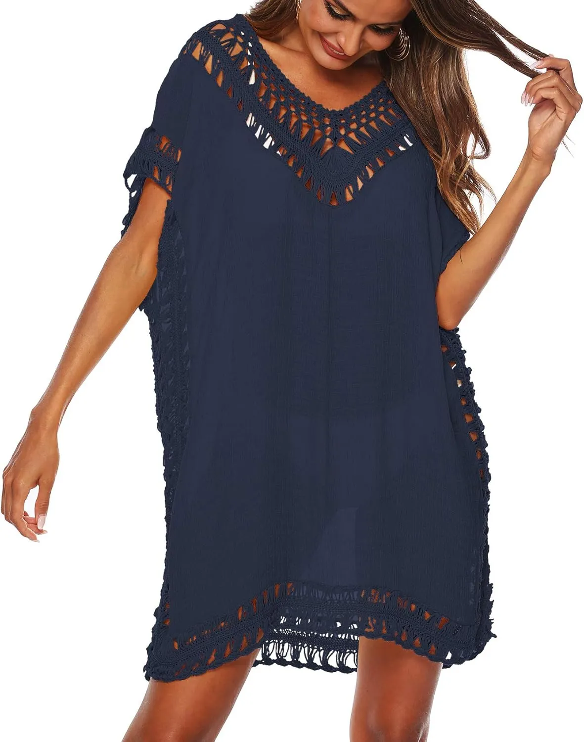 SIAEAMRG Swimsuit Cover Ups for Women, V Neck Hollow Out Swim Coverup Crochet Chiffon Summer Beach Cover Up Dress