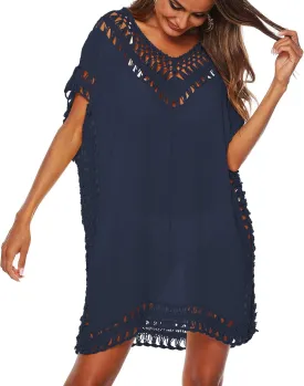 SIAEAMRG Swimsuit Cover Ups for Women, V Neck Hollow Out Swim Coverup Crochet Chiffon Summer Beach Cover Up Dress