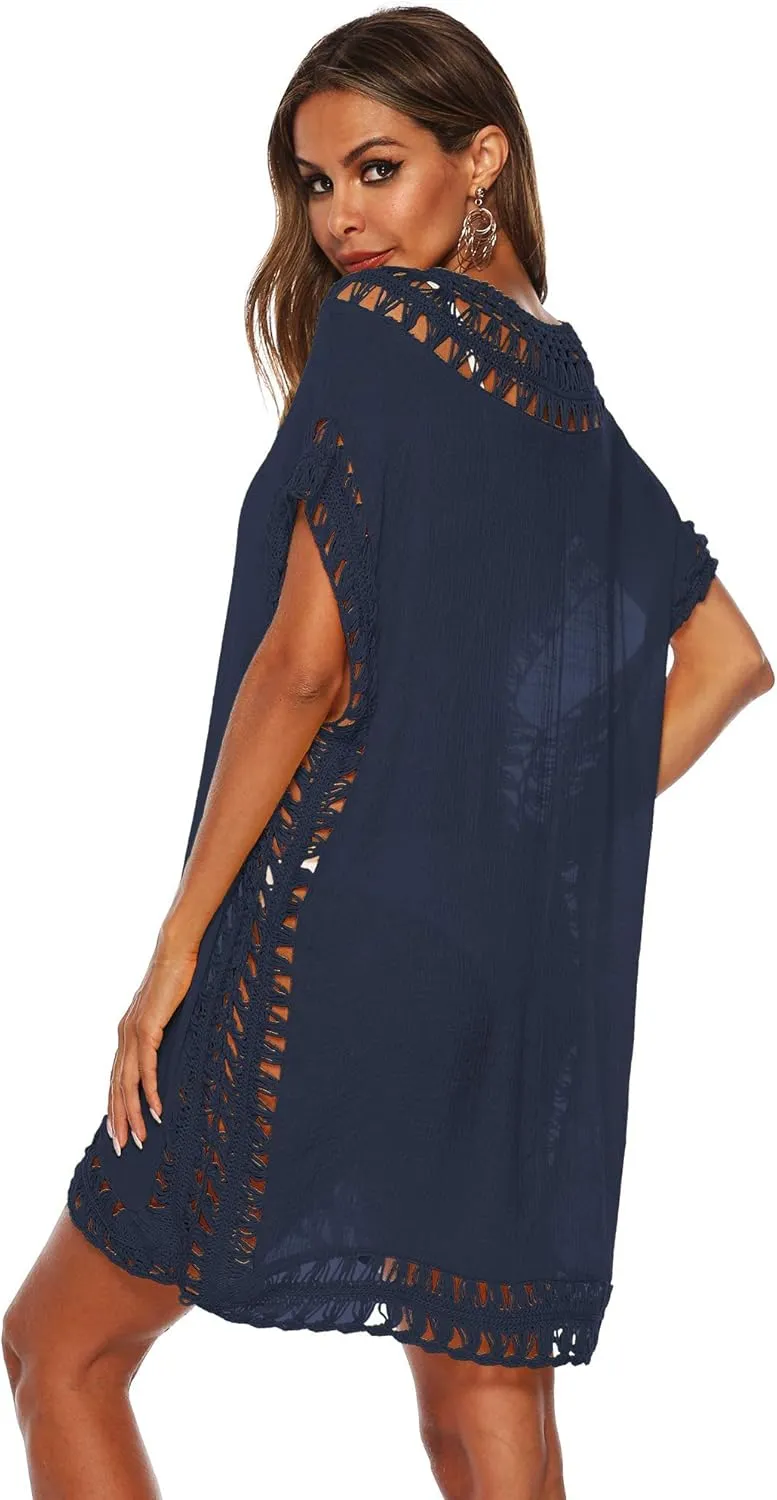 SIAEAMRG Swimsuit Cover Ups for Women, V Neck Hollow Out Swim Coverup Crochet Chiffon Summer Beach Cover Up Dress