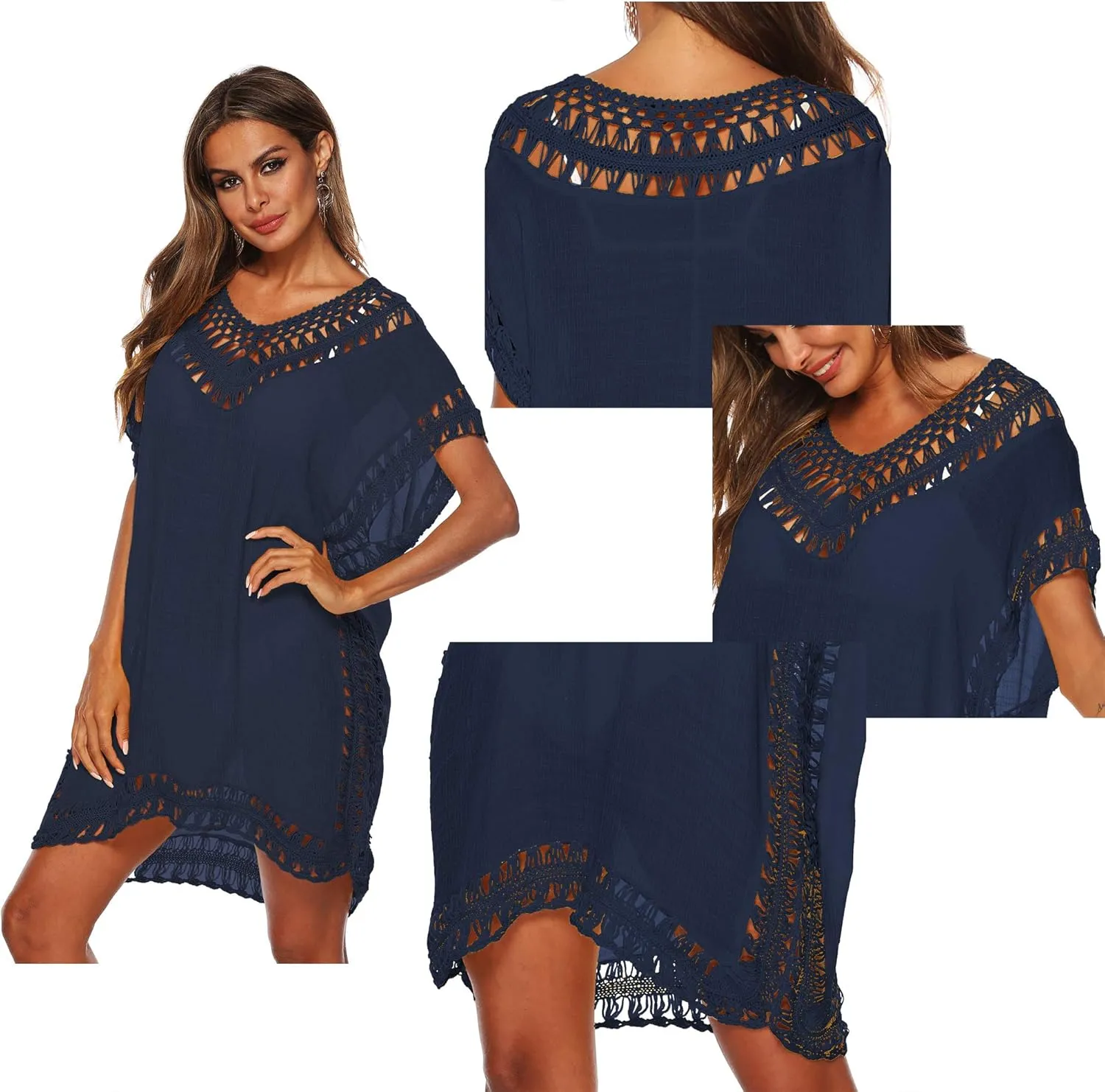 SIAEAMRG Swimsuit Cover Ups for Women, V Neck Hollow Out Swim Coverup Crochet Chiffon Summer Beach Cover Up Dress