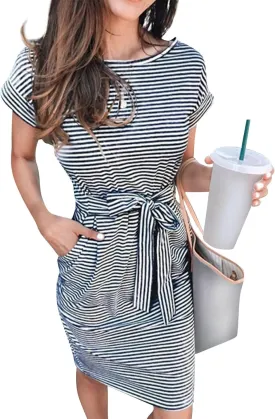 Summer Dresses for Women 2025 Casual Short Sleeve T Shirt Dress Tie Waist Belted Striped Midi Dress with Pockets