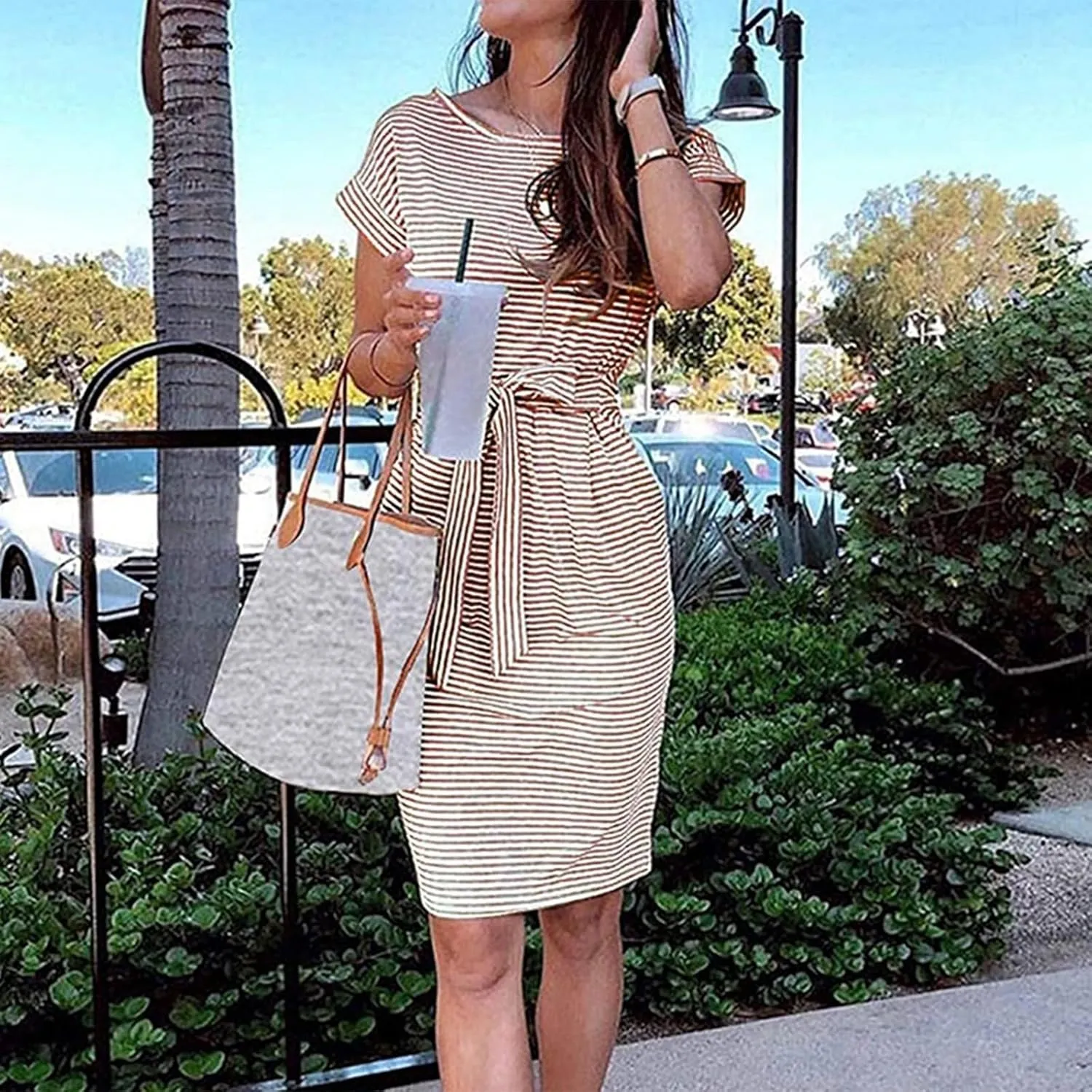 Summer Dresses for Women 2025 Casual Short Sleeve T Shirt Dress Tie Waist Belted Striped Midi Dress with Pockets