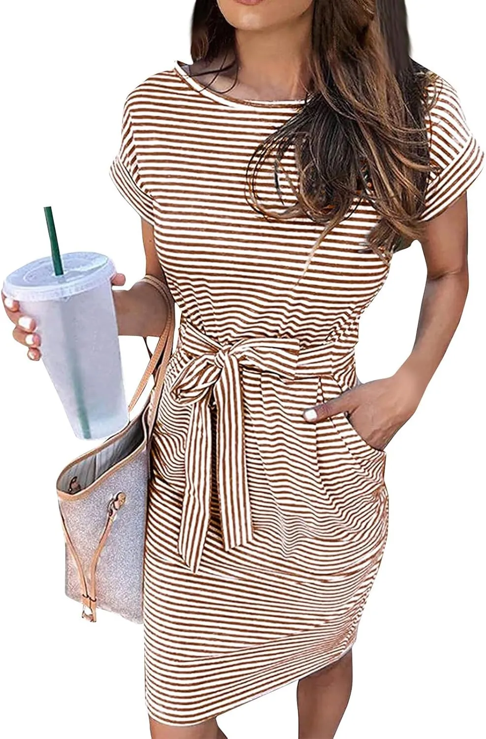Summer Dresses for Women 2025 Casual Short Sleeve T Shirt Dress Tie Waist Belted Striped Midi Dress with Pockets