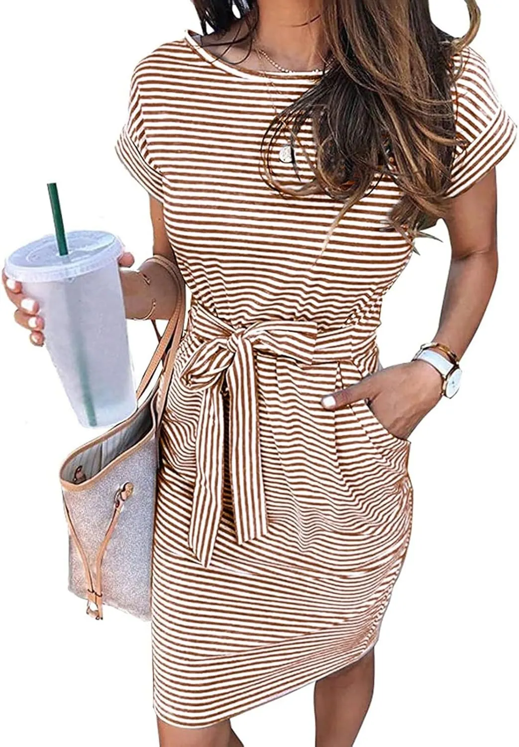 Summer Dresses for Women 2025 Casual Short Sleeve T Shirt Dress Tie Waist Belted Striped Midi Dress with Pockets