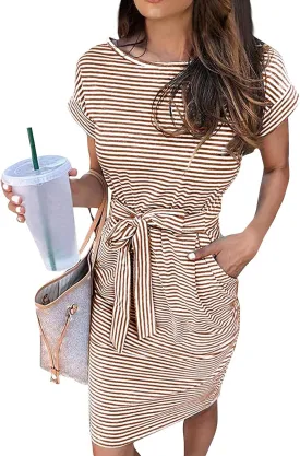 Summer Dresses for Women 2025 Casual Short Sleeve T Shirt Dress Tie Waist Belted Striped Midi Dress with Pockets