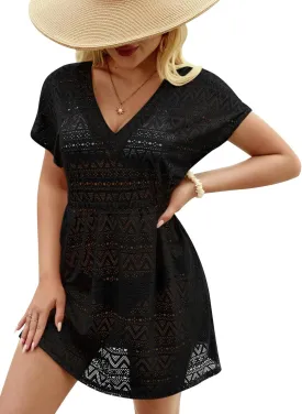 Summer Women's Crochet V Neck Elastic Waist Bathing Suit Coverup Sexy Hollow Out Short Sleeve Beach Dress