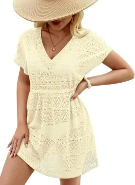 Summer Women's Crochet V Neck Elastic Waist Bathing Suit Coverup Sexy Hollow Out Short Sleeve Beach Dress