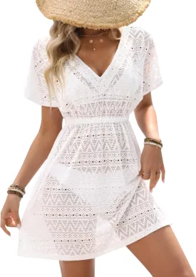 Summer Women's Crochet V Neck Elastic Waist Bathing Suit Coverup Sexy Hollow Out Short Sleeve Beach Dress