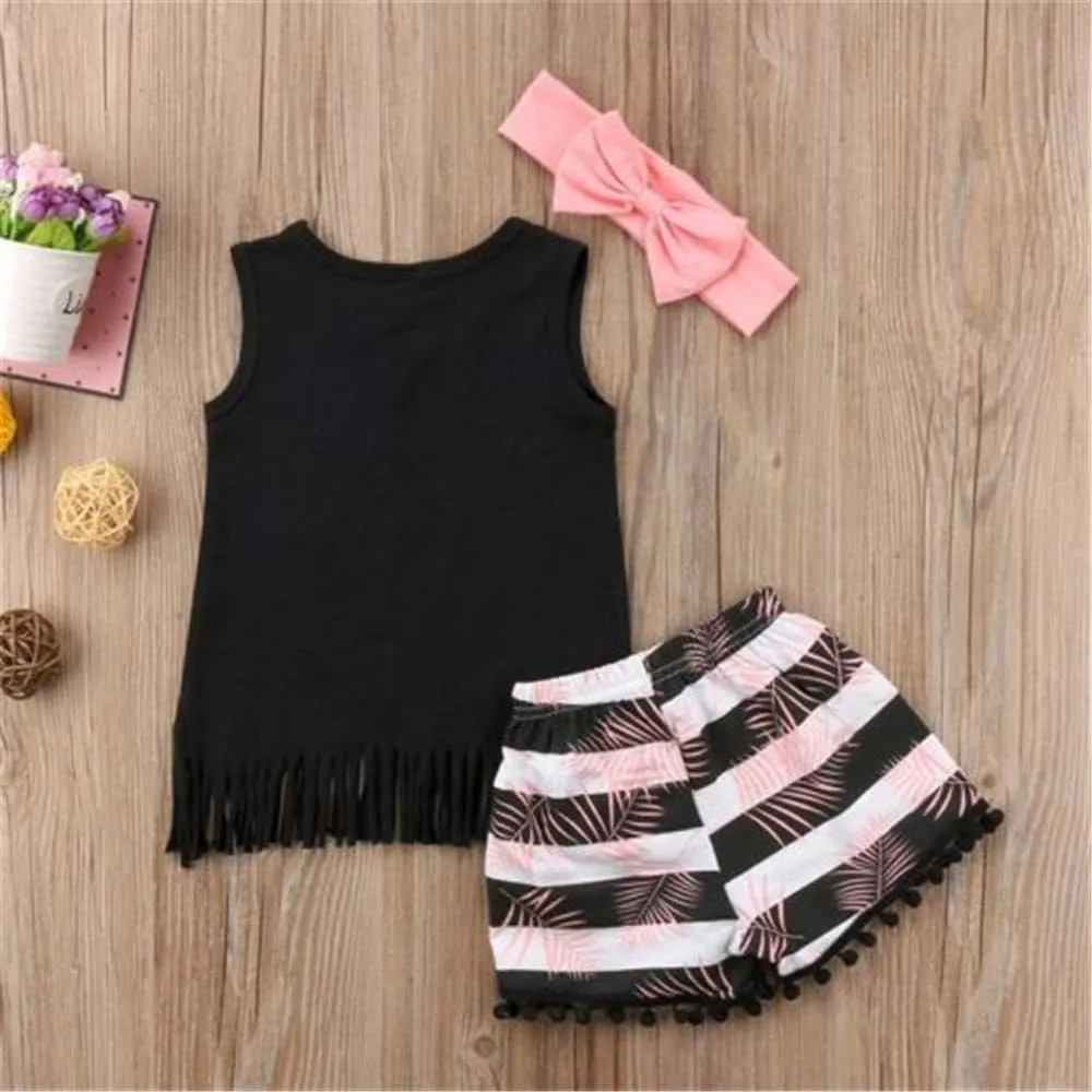 Toddler Baby Girl Boy Fringe Outfits Tank Top Tassel Shorts  Headband Summer Clothes Set