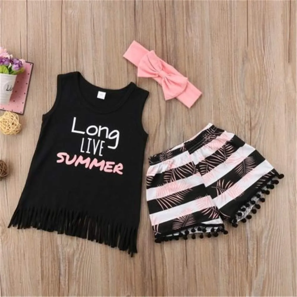Toddler Baby Girl Boy Fringe Outfits Tank Top Tassel Shorts  Headband Summer Clothes Set