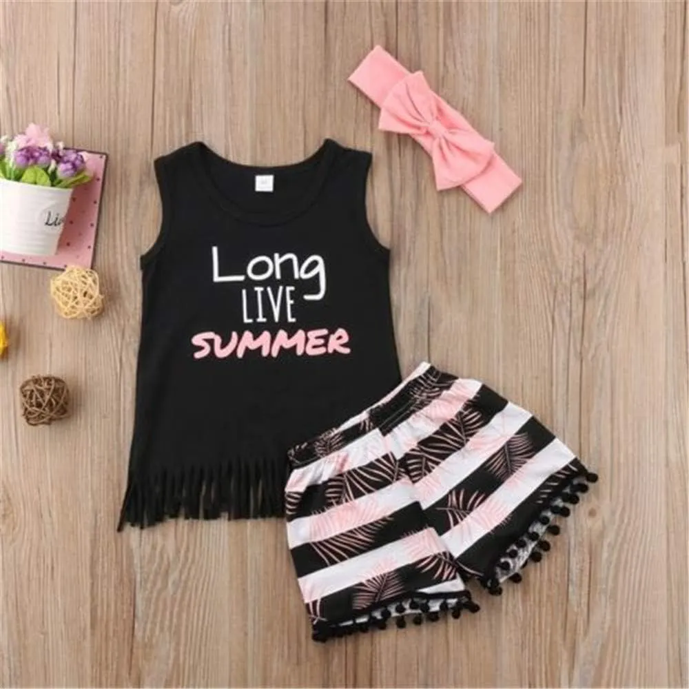 Toddler Baby Girl Boy Fringe Outfits Tank Top Tassel Shorts  Headband Summer Clothes Set