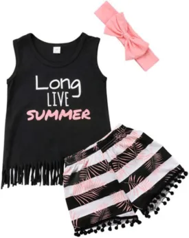 Toddler Baby Girl Boy Fringe Outfits Tank Top Tassel Shorts  Headband Summer Clothes Set