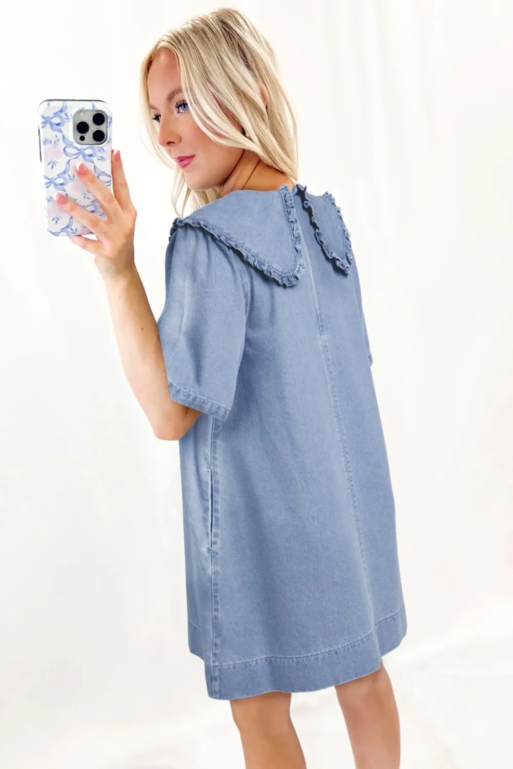 Urchics Womens Summer Dress Beau Blue Frilled Peter Pan Collar Loose Denim Short Dress