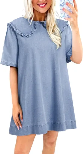 Urchics Womens Summer Dress Beau Blue Frilled Peter Pan Collar Loose Denim Short Dress
