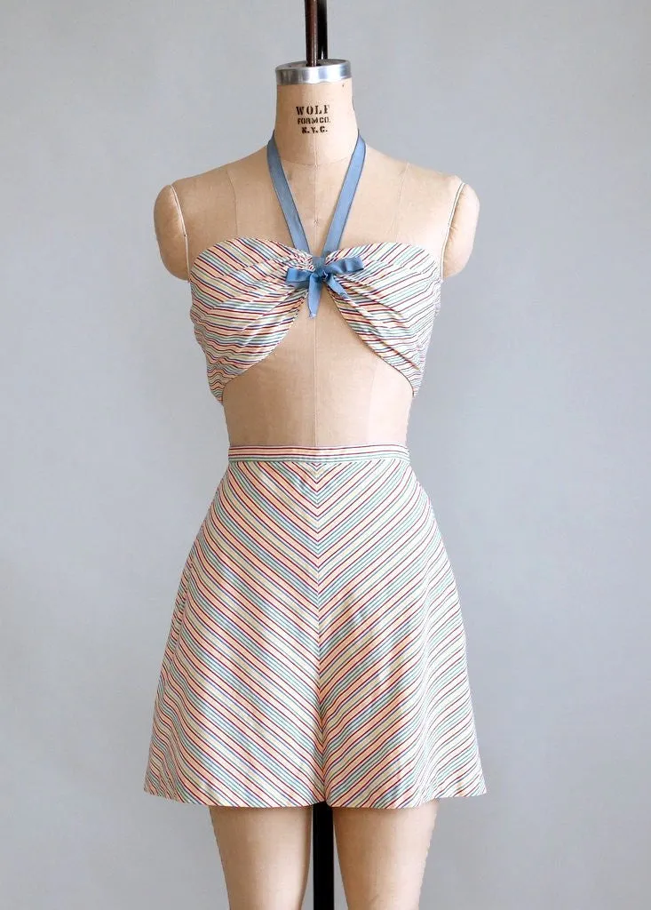 Vintage 1940s Rainbow Striped Two Piece Swimsuit