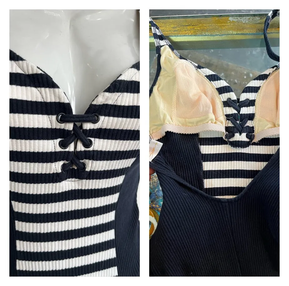 Vintage 80s 90s | Navy Striped Sailor One Piece High Cut Swimsuit Bodysuit | S