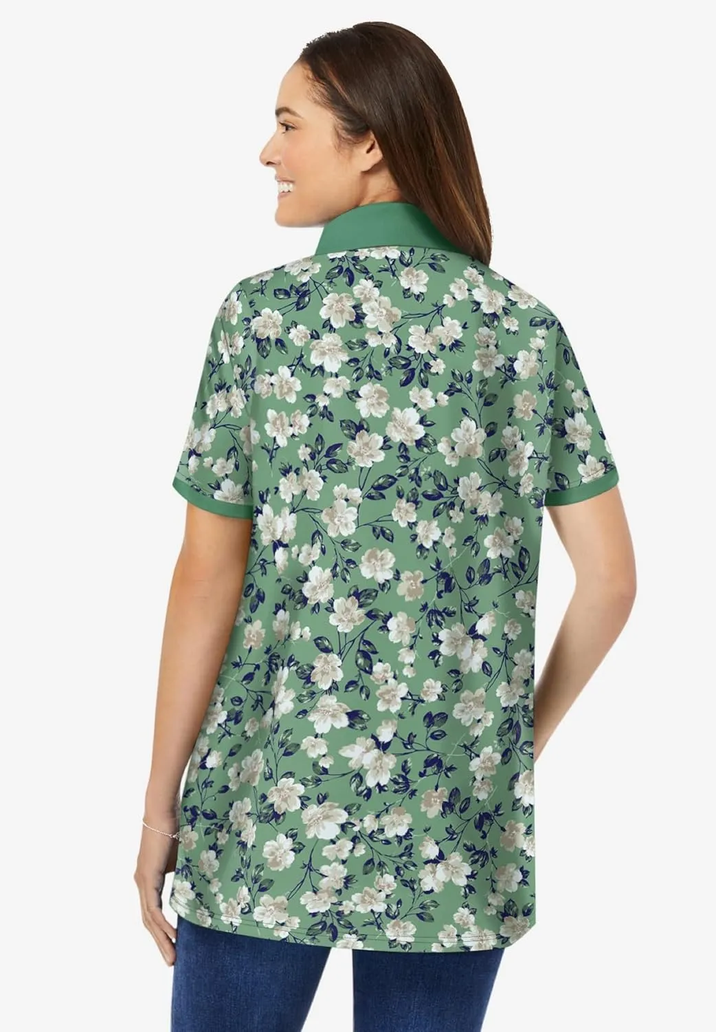 Woman Within Plus Size Perfect Printed Short-Sleeve Polo Shirt