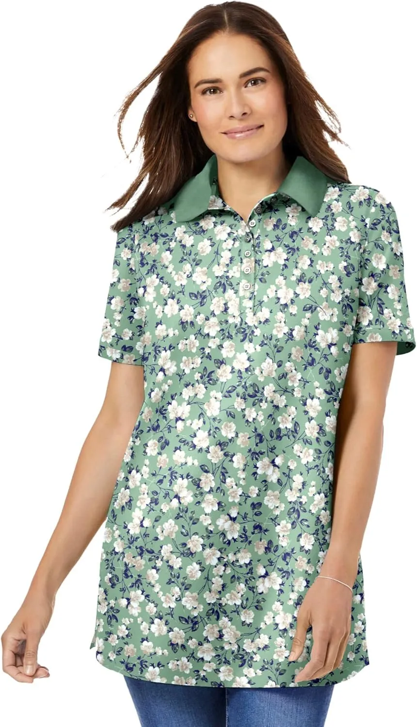 Woman Within Plus Size Perfect Printed Short-Sleeve Polo Shirt