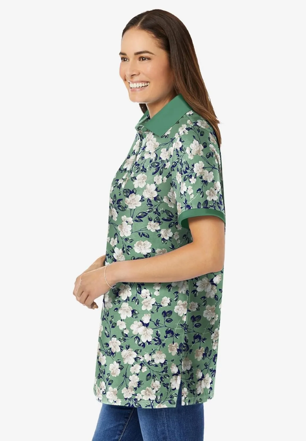 Woman Within Plus Size Perfect Printed Short-Sleeve Polo Shirt