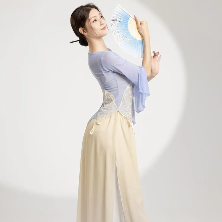 Women Dance Tops Ballet Wrap Top Chinese Traditional Sheer Mesh Blouse Ruffle Sleeve Shirts Slim Fit Tops
